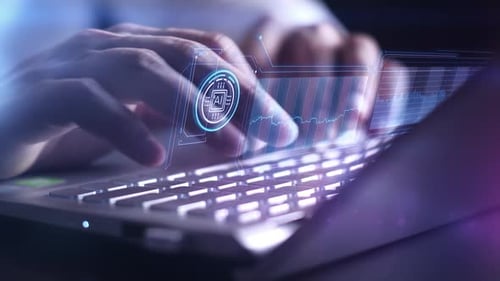 A Laptop Screen Shows a Closeup of Hands Working with Artificial Intelligence