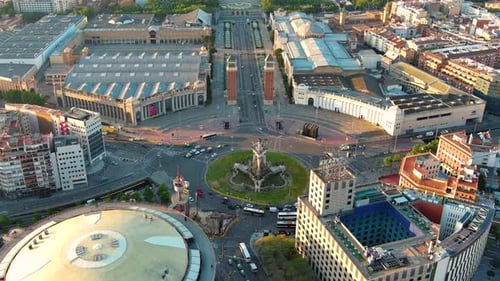 Aerial view of Barcelona City Skyline at sunrise. Plaça d'Espanya (Plaza España)