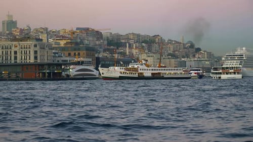 Twilight Ferries and Ships at the City Waterfront