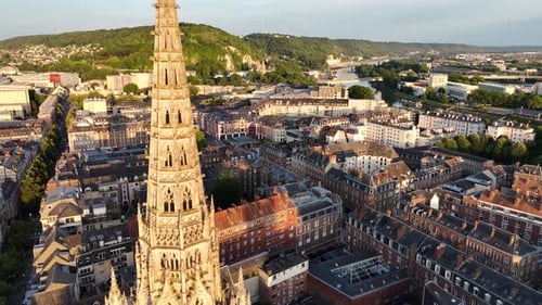 Flight over the old town area of Rouen, France
