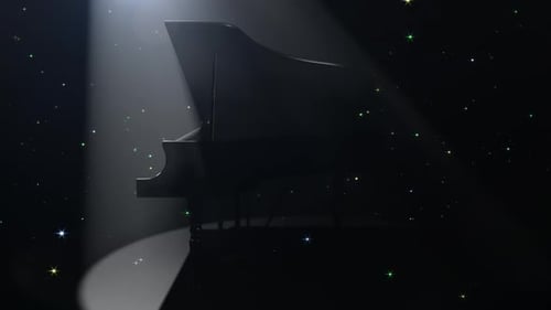 Elegant Grand Piano Rotating Under Spotlight with Sparkles