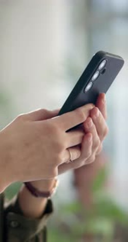 Hands, phone and texting at office with networking, click and check notification for deal at startup
