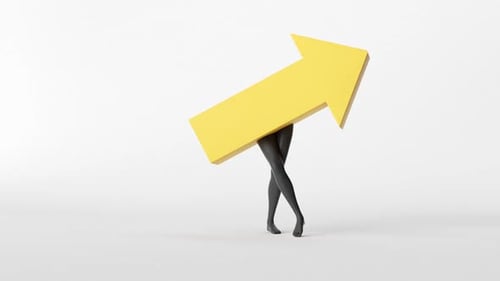 Minimalist 3D Yellow Arrow with Walking Legs Symbolizing Progress