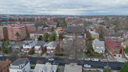 Drone forward flight over Neighborhood Of Queens Borough in New York City