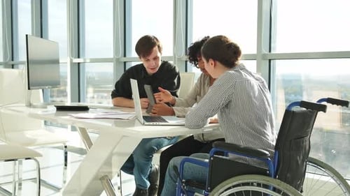 Teamwork Brainstorm Diverse Multiracial Colleagues Woman in Chair for People with Disability Working