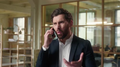 Angry Furious Man Business Entrepreneur Annoyed Businessman Screaming Mobile Phone Talking in Office