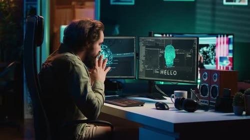 Man Programing Sentient Artificial Intelligence Creation Myth Concept