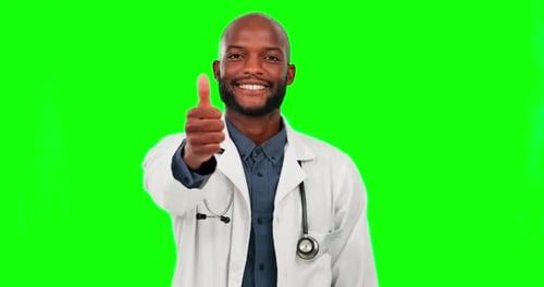 Doctor, black man and thumbs up and down on green screen in studio isolated on a background mock up