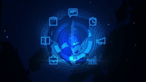 Futuristic Interface With Rotating Blue Symbols And Earth Center