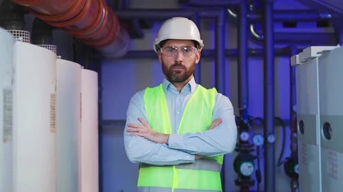 Male Qualified Specialist Standing Near Water Pipes Heating System