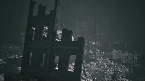 Desolate Ruins of a City Following a Catastrophic Event at Nighttime