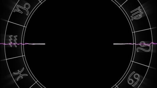 Animation of spinning zodiac wheel with star signs over explosion of purple light trails on black ba