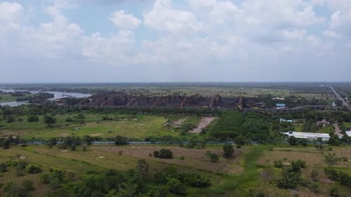 View of the coal terminal air with the activities of coal, barge and coal conveyor trucks