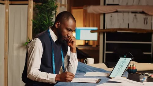 Fashion Designer Sketching Designs in his Studio