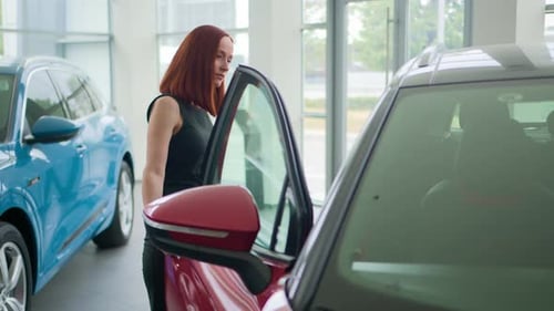 Caucasian Woman Client Buyer Girl Female Lady Choose New Luxury Car Looking for Automobile Choosing