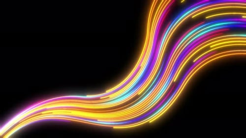 Fondo tecnológico de brillantes líneas de luz onduladas de color naranja, amarillo y morado