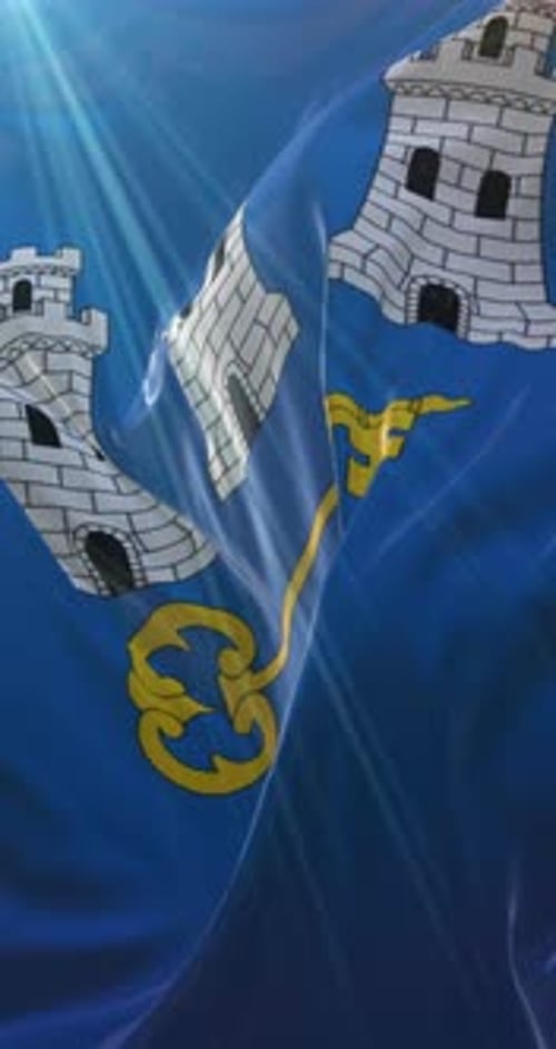 Waving Blue Flag With White Castle Towers And Ornate Yellow Symbol