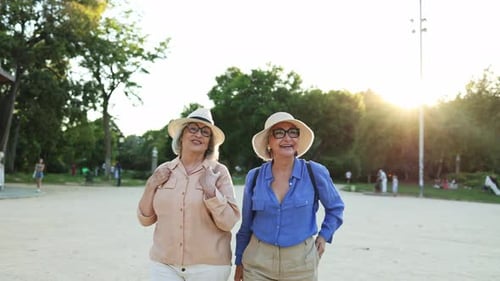 Happy senior women walking and talking in a park