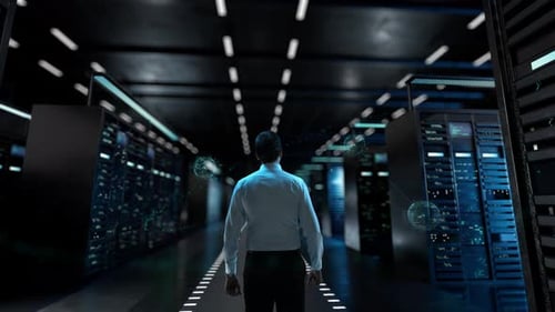 Interactive Storytelling IT Administrator Activating Modern Data Center Server with Hologram