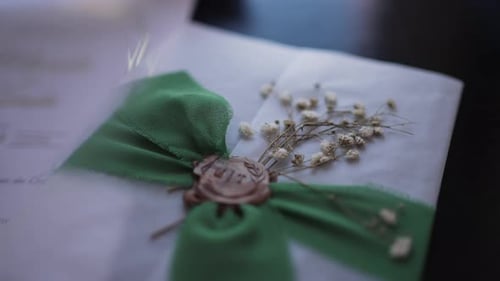 Elegant Wedding Invitation with Green Ribbon and Floral Decor