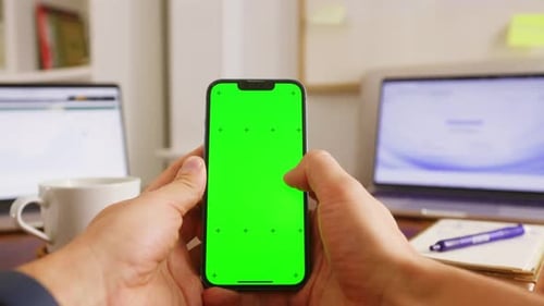Phone with Chroma Key Green Screen Man Working with Chatbot AI Online Connecting with AI and Using a