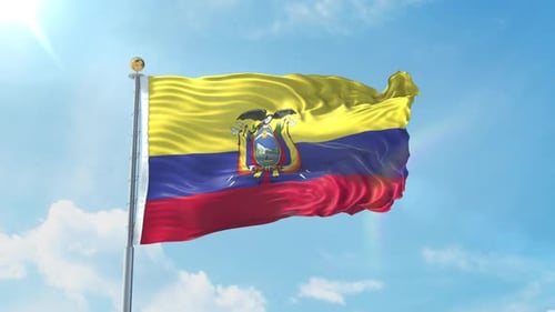 Ecuador National Flag Waving in Bright Blue Sky