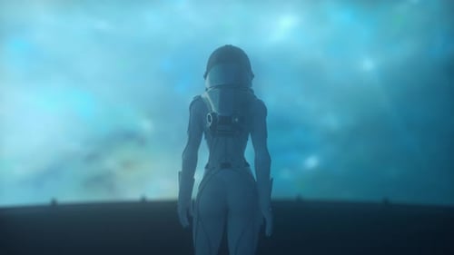 Animated Astronaut Explores Cosmic Blue Sky Landscape