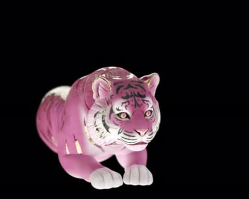 _Animation_ 3D tigre _en porcelaine_ rose _couché sur_ une boucle _alpha_