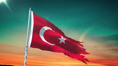 Realistic Turkish Flag Waving Proudly Against a Dynamic Sunset Sky