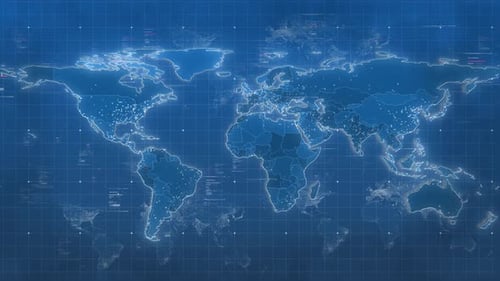 Futuristic Digital World Map with Global Data Points