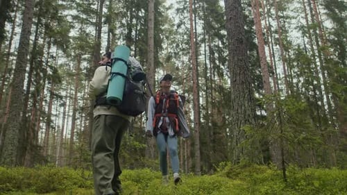 Multiethnic Couple Enjoying Nature Hiking in Green Forest