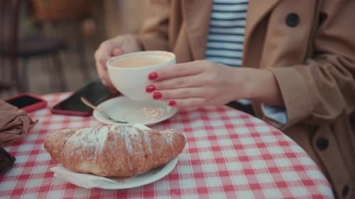 Close Up Face Happy Stylish Woman Sitting in Outside Cafe at Table with Cup of Coffee on Breakfast