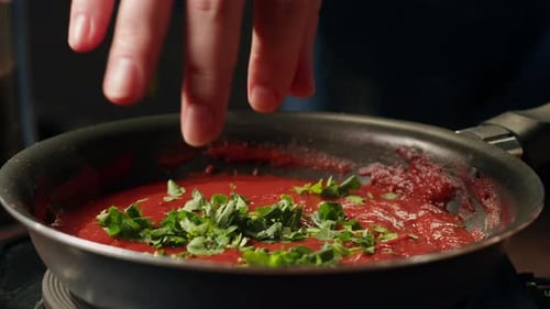 Cooking Tomato Sauce Classic Homemade Italian Tomato Sauce with Basil for Pasta and Pizza in the Pan