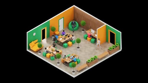 Colorful coworking space is in 3D Isometric Style. Loop Animation. Alpha channel