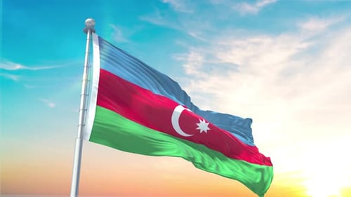 Azerbaijan National Flag Waving in Bright Sky