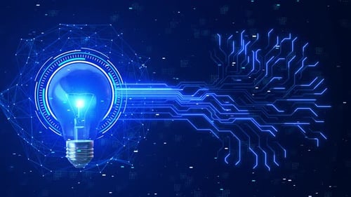 Glowing Light Bulb Connected to Futuristic Circuit Board Network