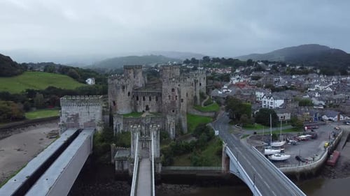 Conwy castle railway bridge suspension construction engineering architecture aerial view forward tow