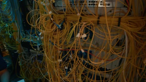Young Adult Working on Laptop in Server Room