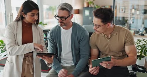 People, employees and meeting with tablet for coding, programing or system update as software