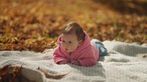 Manta Curious Baby on Autumn Un bebé vestido con una sudadera rosa con capucha yace sobre una acogedora manta rodeado de
