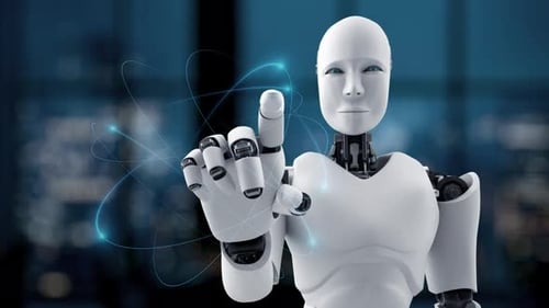 Robô moderno interagindo com ícones digitais que representam a tecnologia ERP e soluções de negócios em um