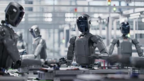 Humanoide Roboter arbeiten am Fließband in einer modernen Fabrik