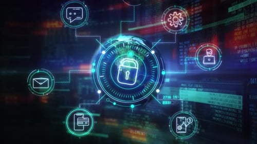 Futuristic Digital Security Network with Globe and Interconnected Icons