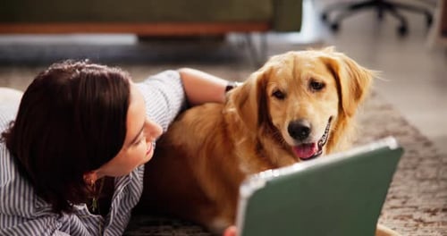 Woman Lying on Floor Petted Her Golden Retriever