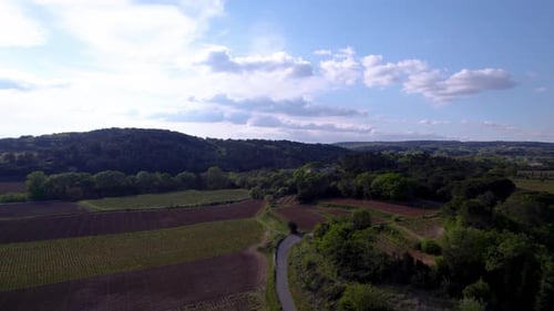 Drohnenaufnahme einer Straße, umgeben von Feldern und Natur, vielen Bäumen und viel Grün, einem Hügel auf dem