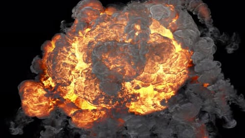 Explosion with smoke and fire at camera