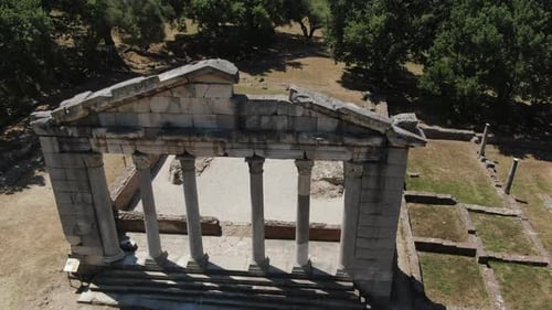 aerial shot of the archaeological park of Apollonia where you can see the structures of the BOULEUT