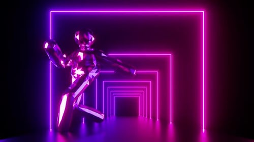 cycled 3d animation, crystal man dancing on the stage illuminated with pink neon light.