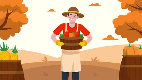 Animated Farmer Holding Fresh Produce in Autumn Farm Field