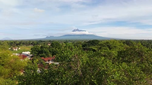 Aerial view of Mount Merapi in distance, Indonesia.